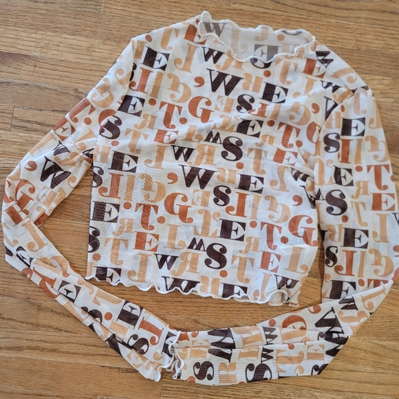 NEW Long Sleeve Cropped Cream, Brown, Tan Semi-sheer Alphabet Mesh Top Shein - Picture 1 of 3